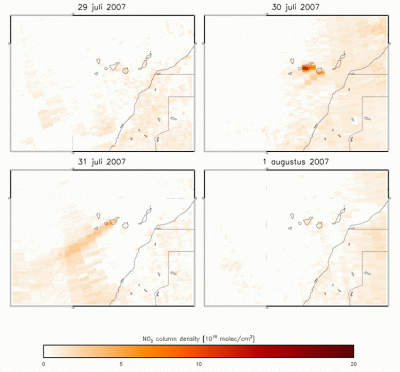 INCENDIOS DE CANARIAS: CONCENTRACION DEL DIOXIDO DE NITROGENO (NO2) SEGUN EL INSTRUMENTO O.M.I.